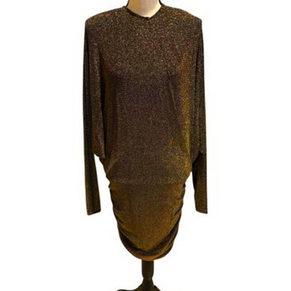 Jovani Black Gold Batwing Sleeve Ruched Shimmer Jersey Cocktail Dress